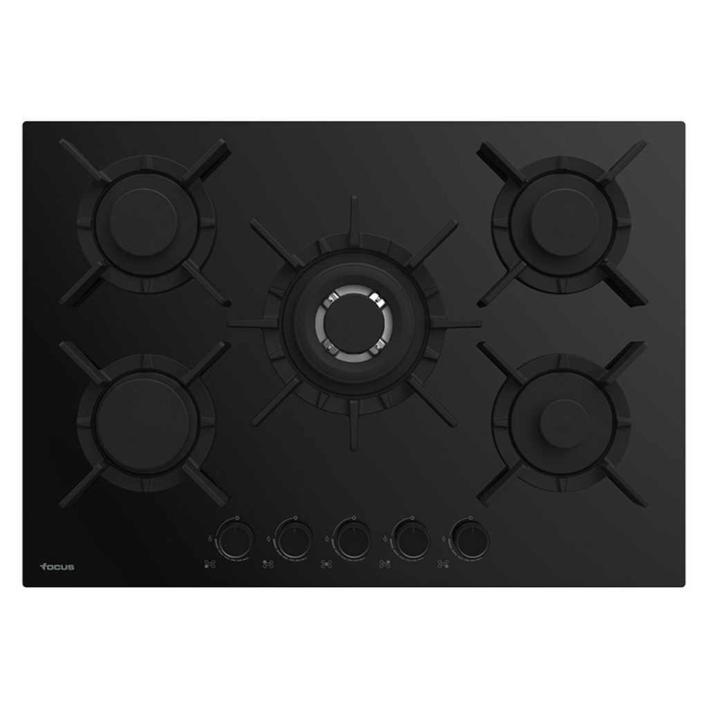 Plaque de cuisson Focus F.4017BS gaz 5 feux 75 cm verre noir