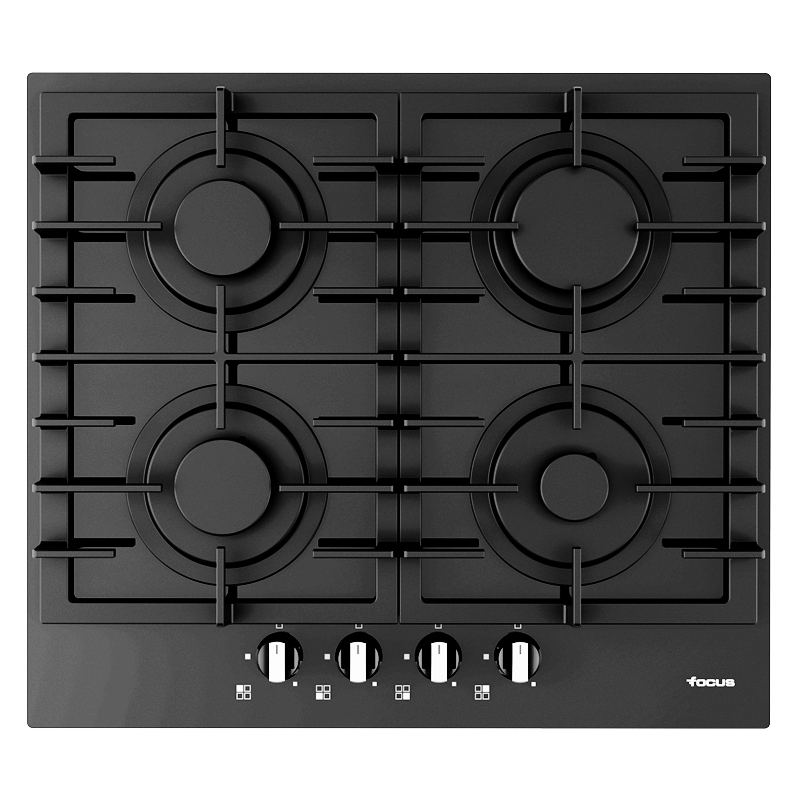 Plaque de cuisson Focus F.404B gaz 4 feux 60 cm verre noir
