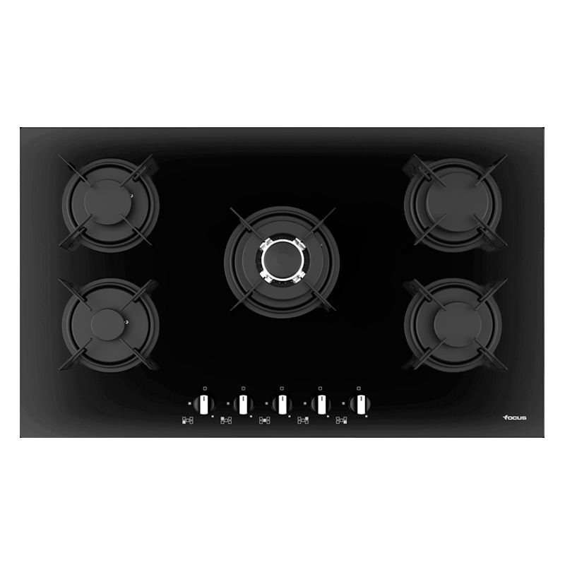 Plaque de cuisson Focus F.4109B gaz 5 feux 90 cm verre noir