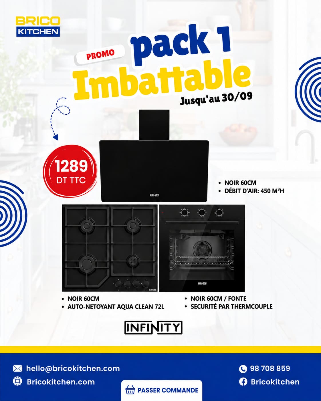Pack Infinity 1 - Hotte, plaque gaz et four encastrable noir - 1289 DT TTC