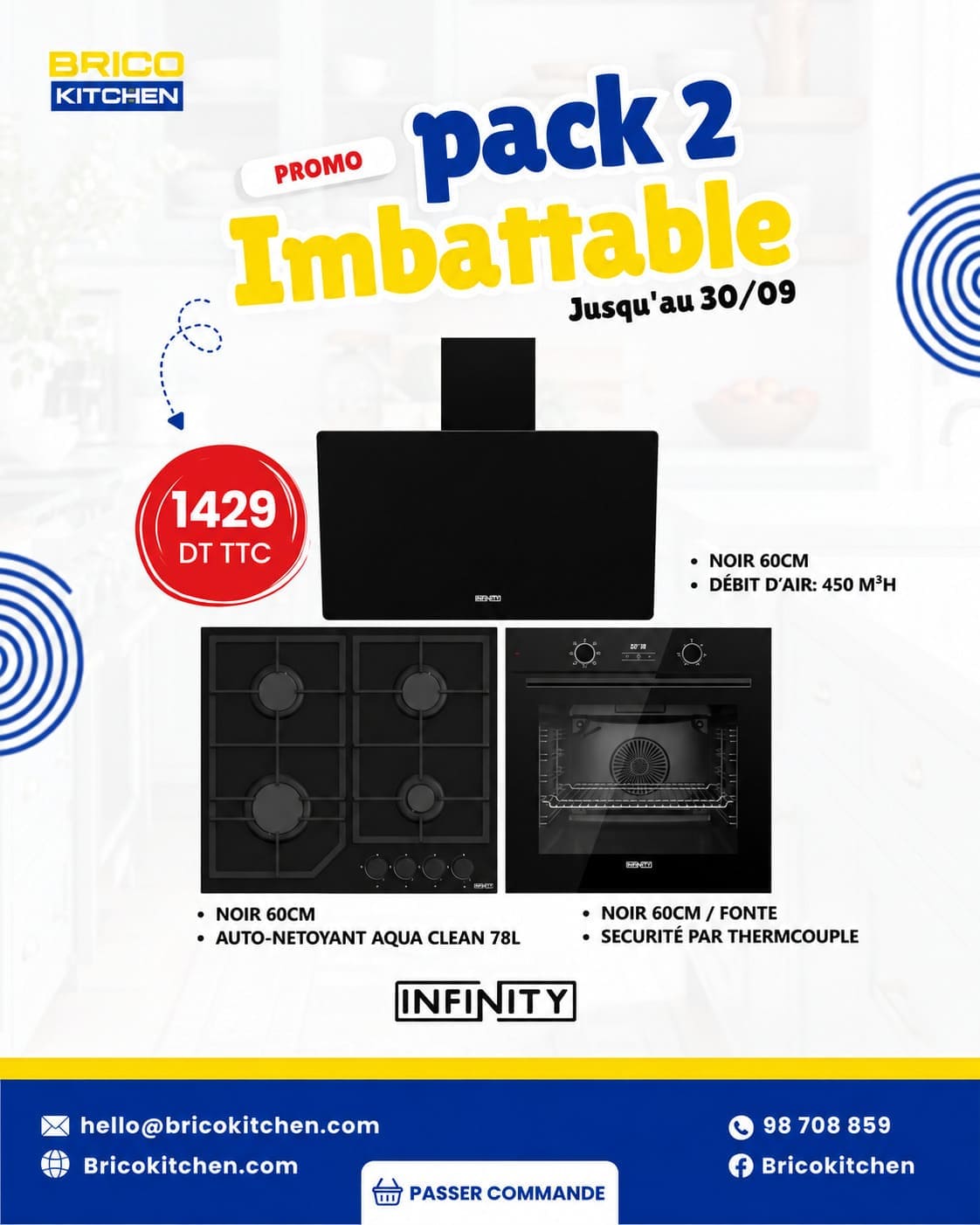Pack Infinity 2 - Hotte, plaque gaz et four 78 L noir - 1429 DT TTC