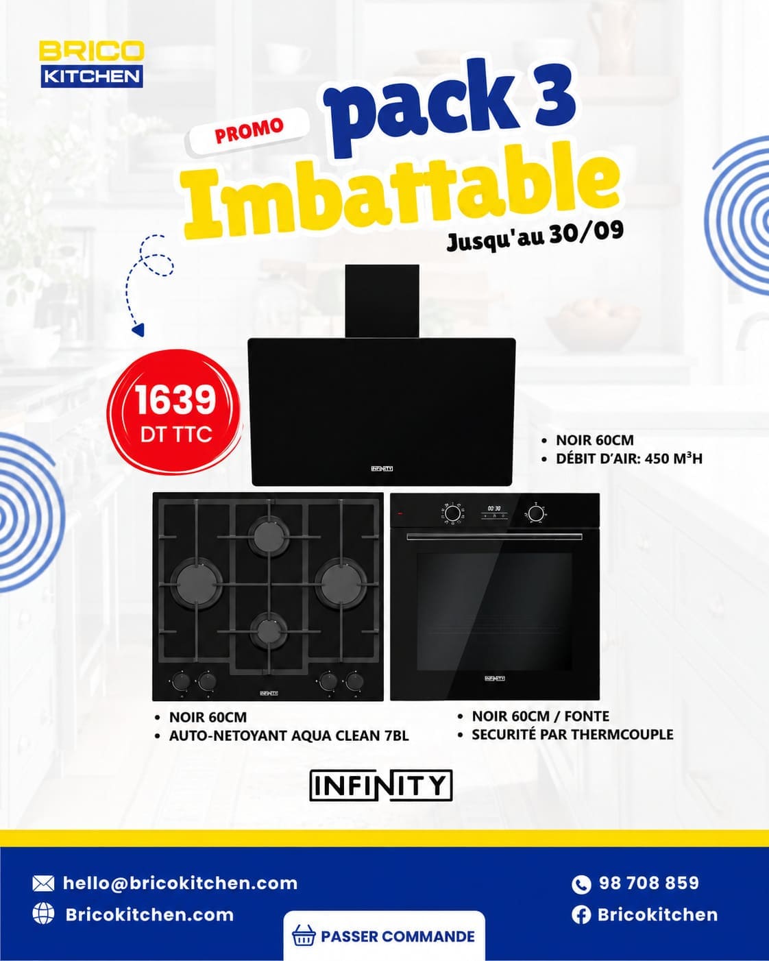 Pack Infinity 3 - Hotte, plaque gaz et four encastrable premium noir - 1639 DT TTC