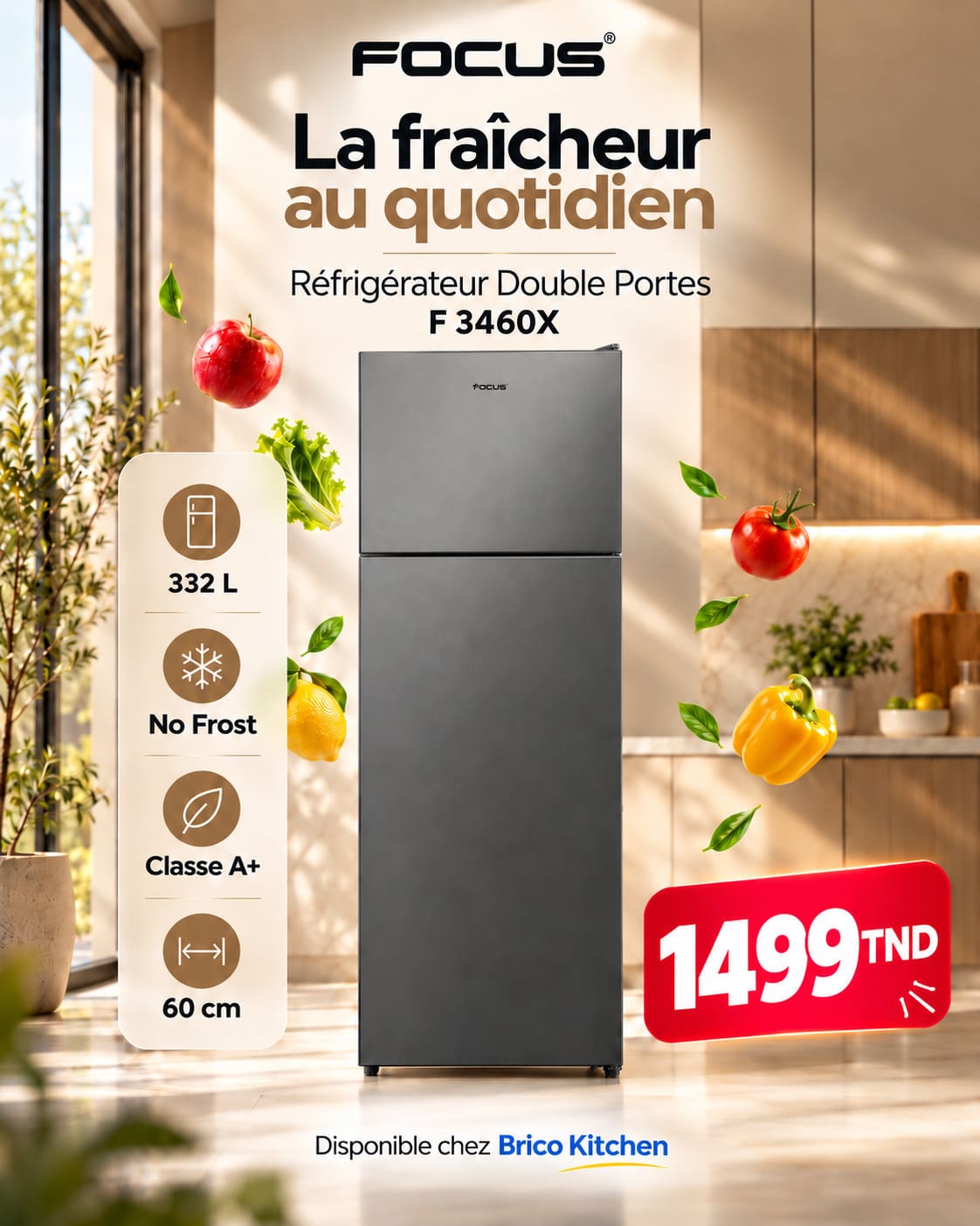 Réfrigérateur 2 portes Focus F.3460X - 332 L - 60 cm - No Frost - Silver
