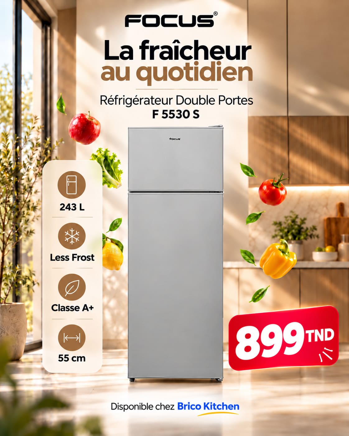 Réfrigérateur 2 portes Focus F.5530S - 243 L - 55 cm - Less Frost - Silver