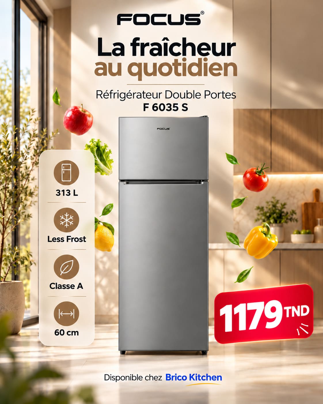 Réfrigérateur 2 portes Focus F.6035S - 313 L - 60 cm - Less Frost - Silver