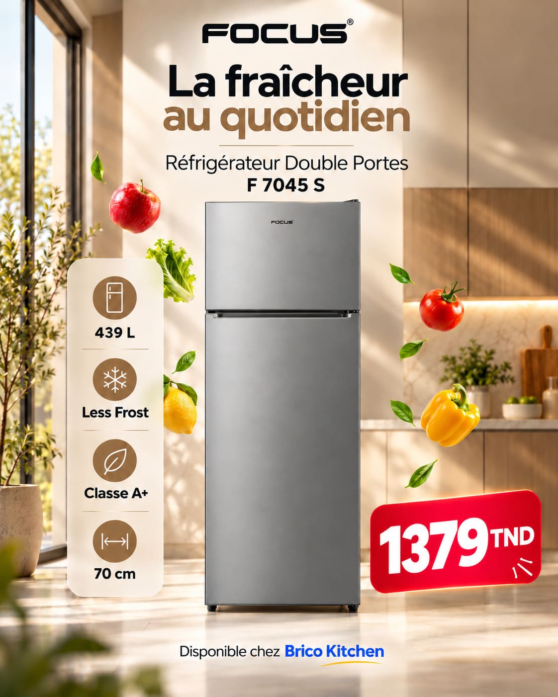 Réfrigérateur 2 portes Focus F.7045S - 439 L - 70 cm - Less Frost - Silver