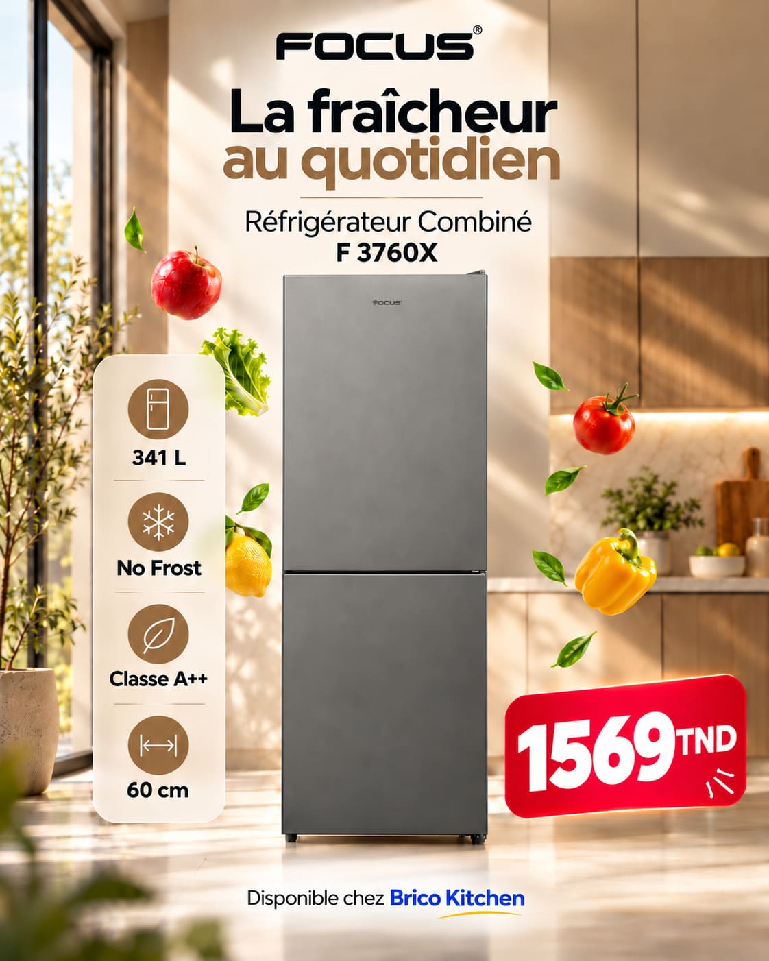 Réfrigérateur combiné Focus F.3760X - 341 L - 60 cm - No Frost - Silver