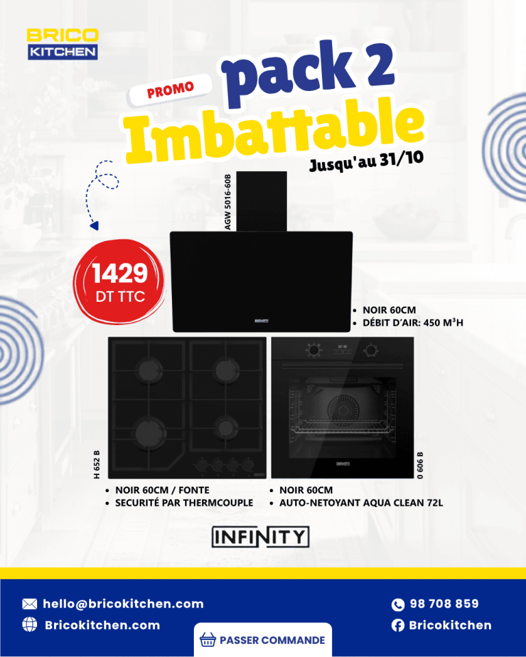 Pack Infinity 2 – Hotte + Plaque Gaz + Four 78 L – Noir